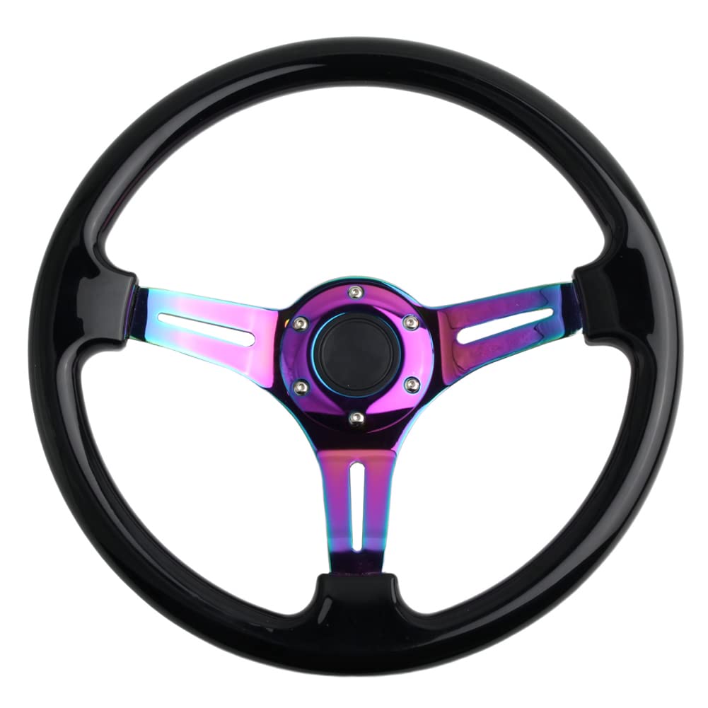 350mm Green Racing Steering Wheel Neo Chrome Spoke Universal 6 Bolts 45mm Deep Dish Classic ABS Wood Steering Wheel with Horn Button