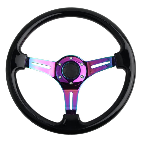 350mm Green Racing Steering Wheel Neo Chrome Spoke Universal 6 Bolts 45mm Deep Dish Classic ABS Wood Steering Wheel with Horn Button