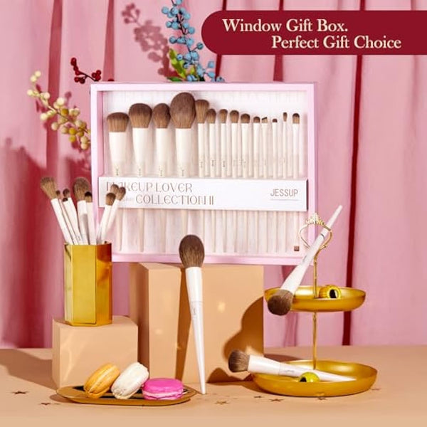 Jessup Makeup Brushes 14Pcs Makeup Brush Set Premium Synthetic Powder Foundation Contour Blush Concealer Eye Shadow Blending Liner Make Up Brush Kit Light Grey with Gift Box, T329-G