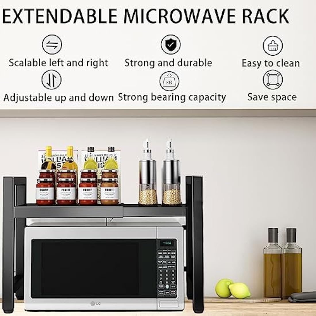 Expandable Microwave Oven Rack 2Tier microwave shelf,with 6 hooks Adjustable Carbon Steel Microwave Shelf,Kitchen Counter Organizer Shelf Stand,Pot Pan Grill Storage Racks, Width 40-64cm Black