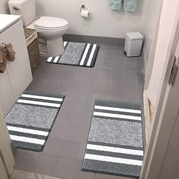 Pauwer 3 Pieces Luxury Bath Mat and Pedestal Mat Set Super Soft Microfiber Fluffy Bathroom Rug Machine Washable Absorbent Shower Rugs for Bathroom