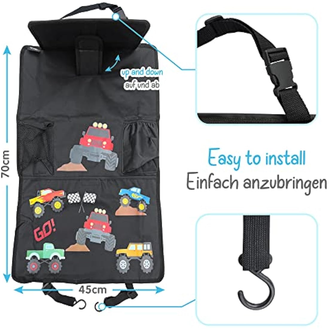 HECKBO 1x car backseat organizer with adjustable tablet pocket for tablets up to 20 inches with touch foil - monster truck - universal fit - incl. thermo pocket + stretch net pocket - washable