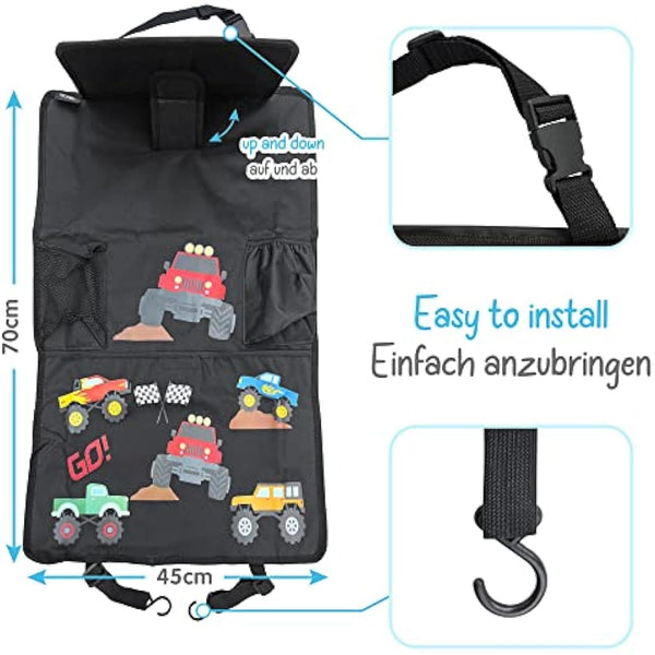 HECKBO 1x car backseat organizer with adjustable tablet pocket for tablets up to 20 inches with touch foil - monster truck - universal fit - incl. thermo pocket + stretch net pocket - washable