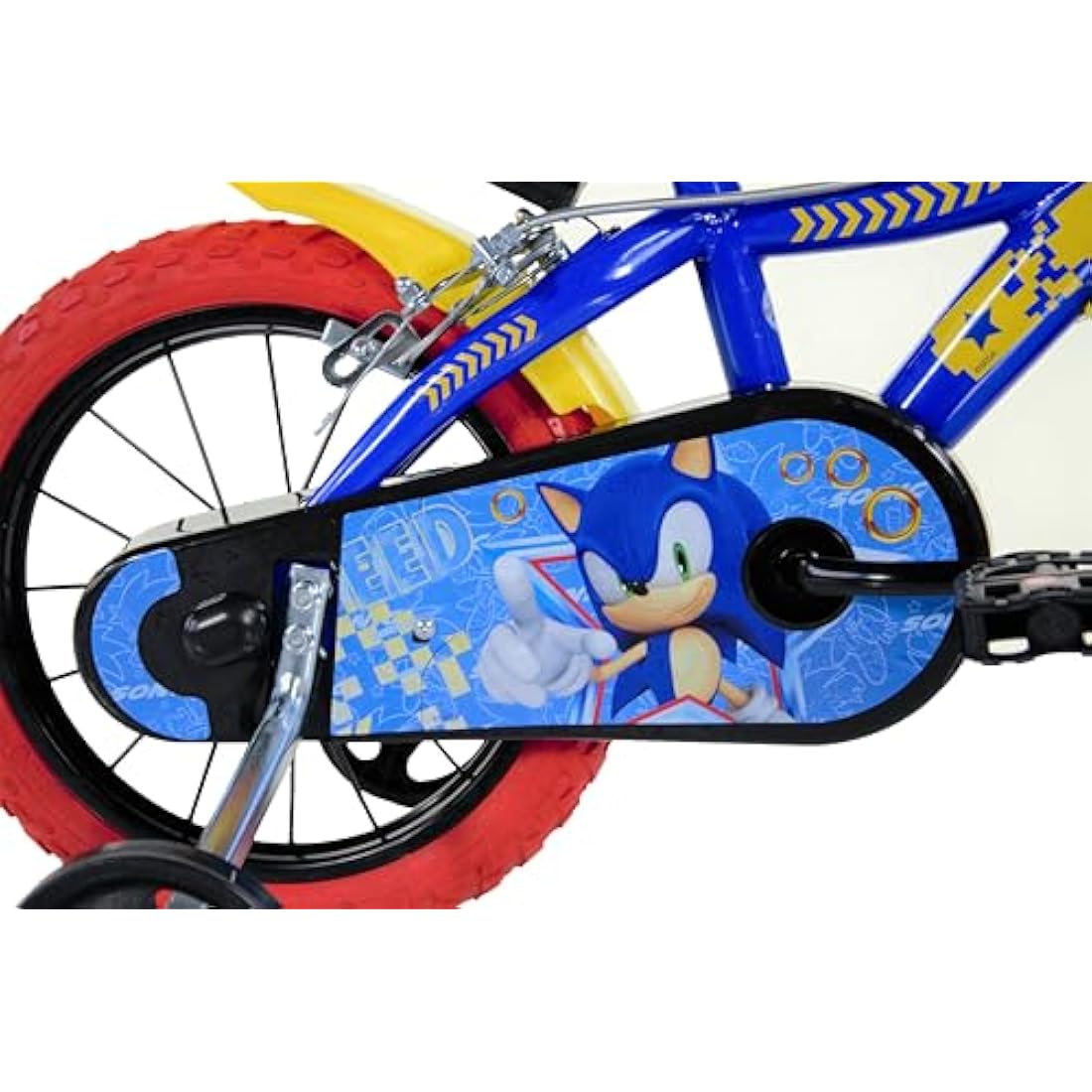 Dino Bikes, 614-SC Kids Bike Bicycle, Sonic The Hedgehog, 14 inch with training wheel with stabilisers and drinks bottle, suits child 4-7 Years, Blue, Yellow, Red