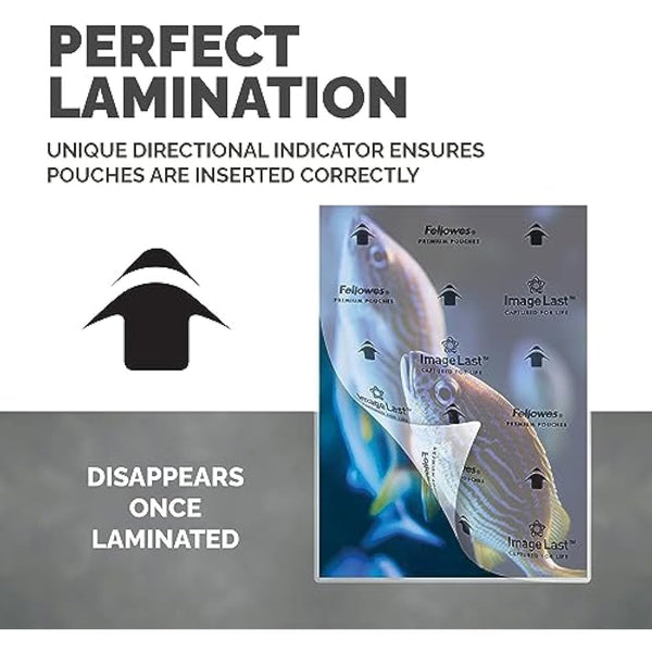 Fellowes A4 Laminating Pouches, Gloss, 160 Micron (2 x 80 Micron) with Image Last Directional Quality Mark, Pack of 100, Transparent
