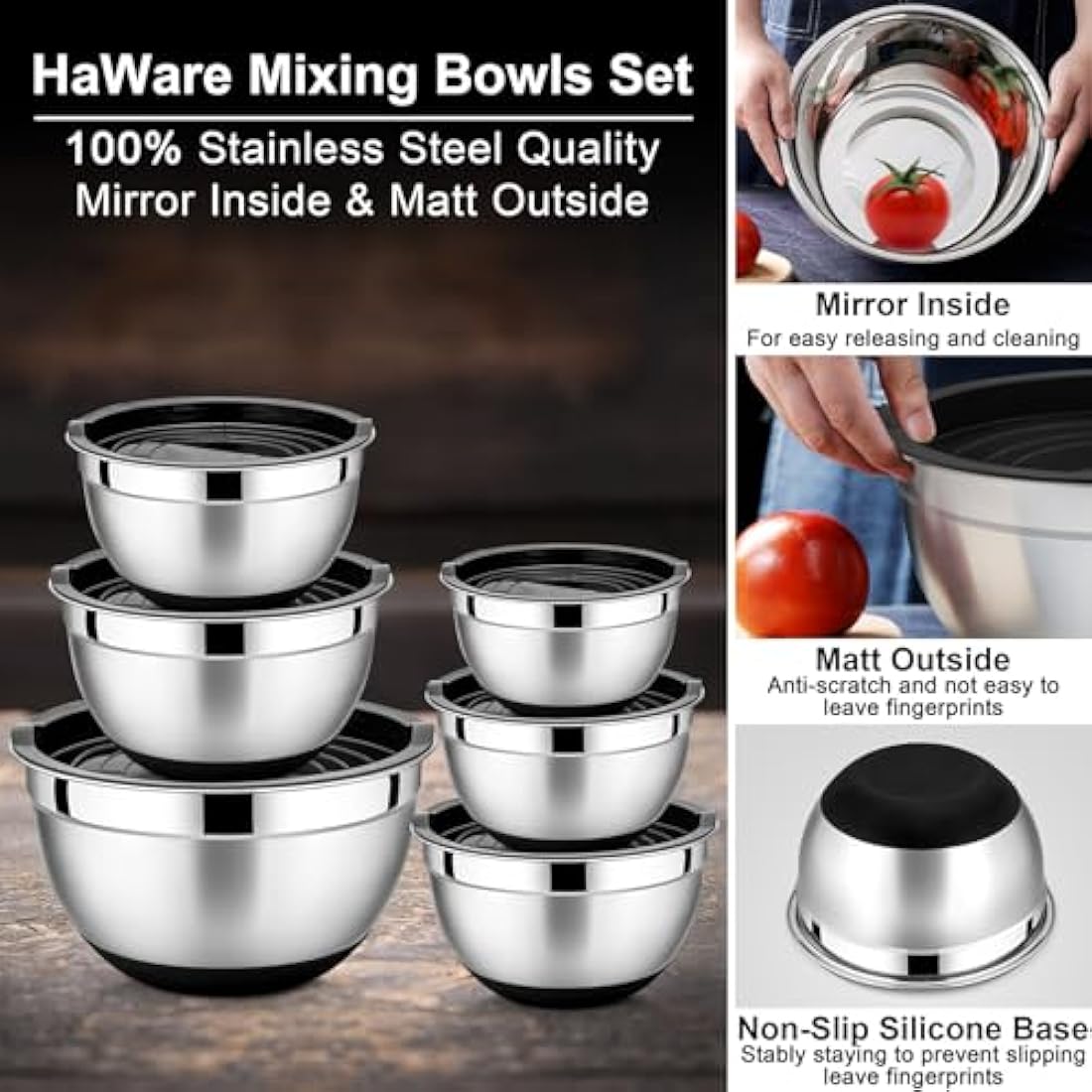 HaWare Mixing Bowl Set of 6, Stainless Steel Salad Bowl for Kitchen Baking, Serving, Space-Saving Storage Metal Nesting Bowl, Silicone Bottom & Airtight Lids, Size 4.5/3/2.5/1.5/1.2/0.7QT (Black)