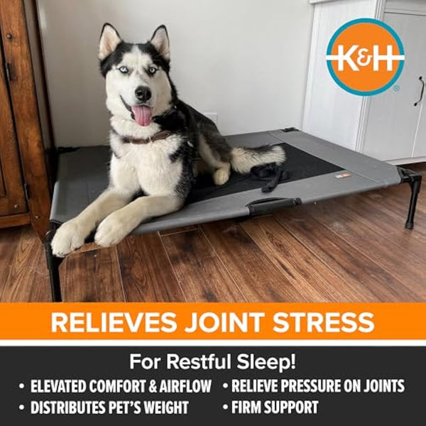 K&H Pet Products Cooling Elevated Dog Bed Outdoor Raised Cot with Washable Breathable Mesh, No-Slip Rubber Feet, Portable Cot Indoor Outdoor, X-Large Grey/Black Mesh