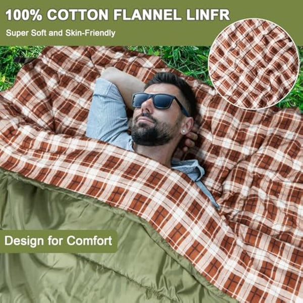 Double Cotton Flannel Sleeping Bag for Camping, Hiking, or Hiking. Queen 2 Cold Weather Waterproof Sleeping Bag for Adults or Teenagers.