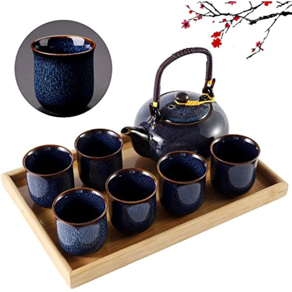 DUJUST Japanese Porcelain Tea Set for 6, Kiln Altered Glaze Teapot & Cups, Unique Adult Gift, Dark Blue