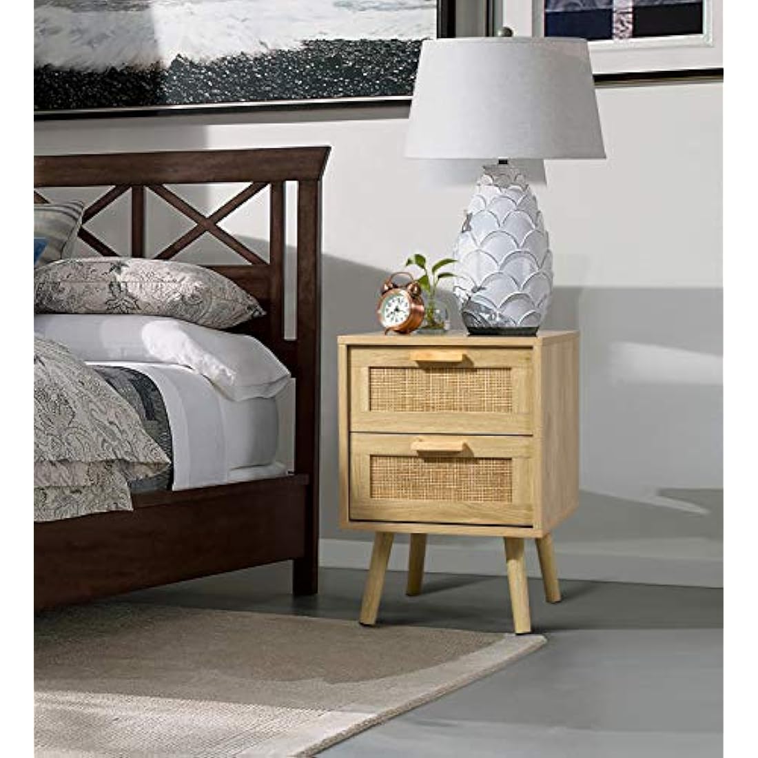 Finnhomy Bedside Tables Set of 2, Side Table with 2 Hand Made Rattan Decorated Drawers, Night Stand Set 2, Wood Nigntstand, End Table with Storage for Bedroom, Natural, 2 Pack