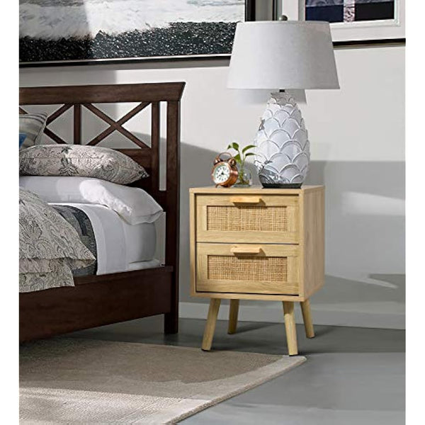 Finnhomy Bedside Tables Set of 2, Side Table with 2 Hand Made Rattan Decorated Drawers, Night Stand Set 2, Wood Nigntstand, End Table with Storage for Bedroom, Natural, 2 Pack