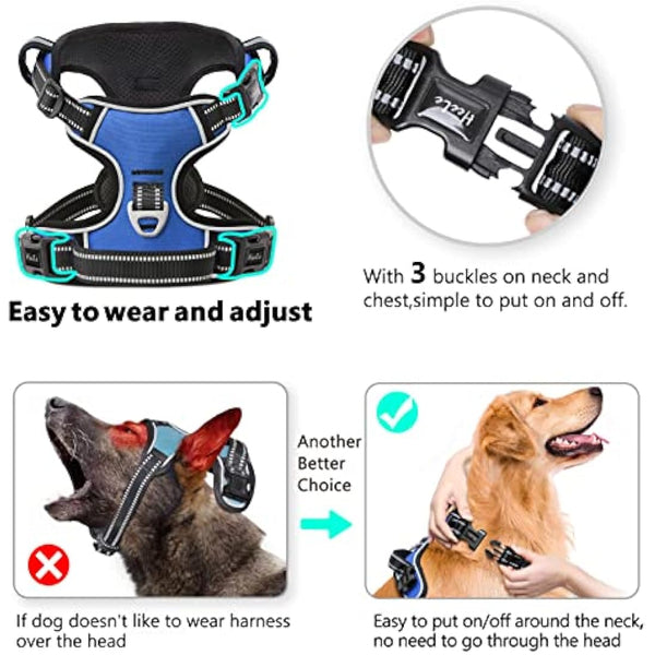 HEELE Dog Harness, No Pull Dog Harness Medium, Release on Neck, Reflective Adjustable Dog Harness with Front Back 2 Leash Attachments and Soft Padded Control Handle for Dogs Walking Training, Blue, M
