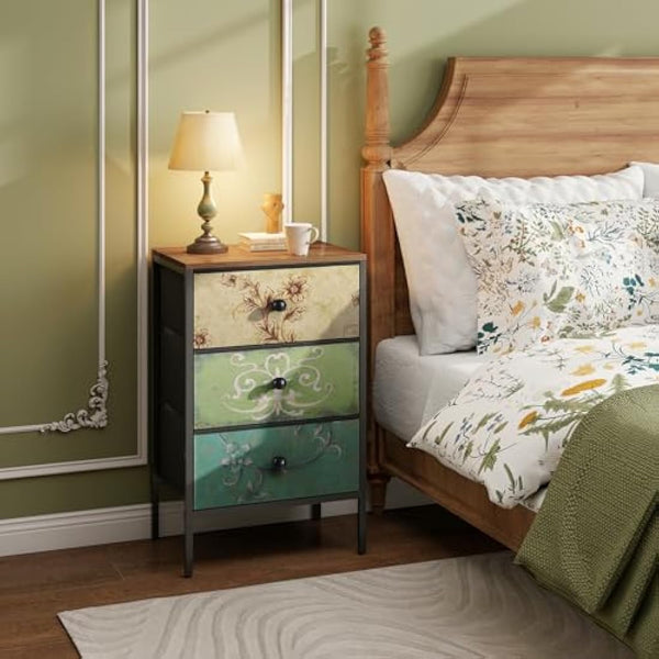 LYNCOHOME Bedside Tables Set of 2,Nightstand with 3 Drawers,Fabric Storage Cabinet Drawers,Furniture Sets for Bedroom,LivingRoom,Nursery,2 Pack