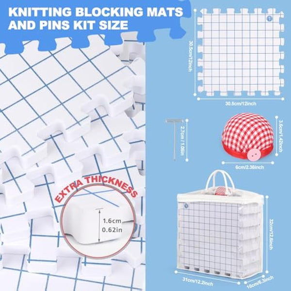 Aeelike Blocking Mats for Knitting, Crochet & Craft - 9 Pack Interlocking Foam Crochet Blocking Mats with Grid, 200 T-Pins, Pin Cushion & Storage Bag - Large Knitting Blocking Board and Pins Set
