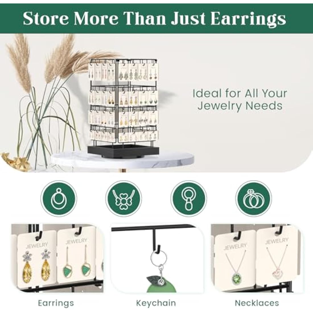 EsLuker.ly Rotating Earring Display Holder Stand for Vendors Events Selling, Large Capacity 64 Hooks Jewelry Rack with Wooden Base for Earring Card Sales, Enhances Retail Visibility (Black+Black)
