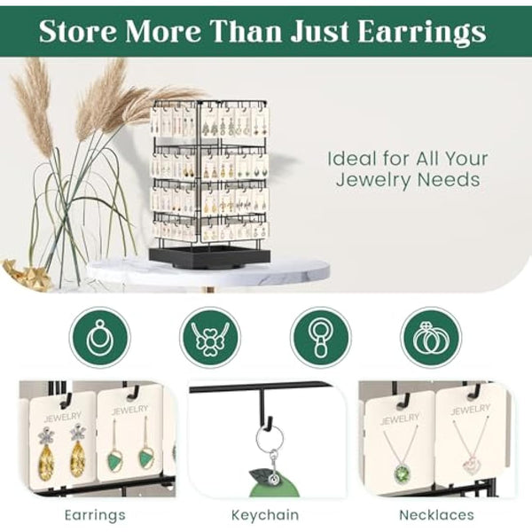 EsLuker.ly Rotating Earring Display Holder Stand for Vendors Events Selling, Large Capacity 64 Hooks Jewelry Rack with Wooden Base for Earring Card Sales, Enhances Retail Visibility (Black+Black)