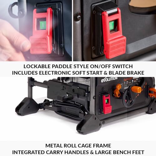 Evolution Power Tools R255TBLX+ Table Saw With Stand (Next Gen Rage 5-S) Multi-Material Cutting Blade Included Cuts Wood Metal Plastic, 45˚ Bevel, +/- 60˚ Mitre Angle, 85mm Cut Depth, 1800w Motor 240v