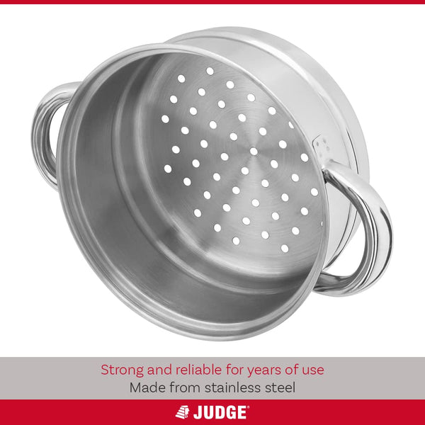 Judge Essentials Stainless Steel 3 Tier Steamer 22cm, Vented Glass Lid, Integral Casserole Pot, Oven Safe, Induction Ready, 10 Year Guarantee