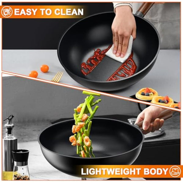 Jobin Wok Non Stick with Lid, 28cm Aluminium Wok Frying Pan, Large Capacity for Cook Asian Dishes for 3-5 People, Ideal for Induction, Gas, All Hobs