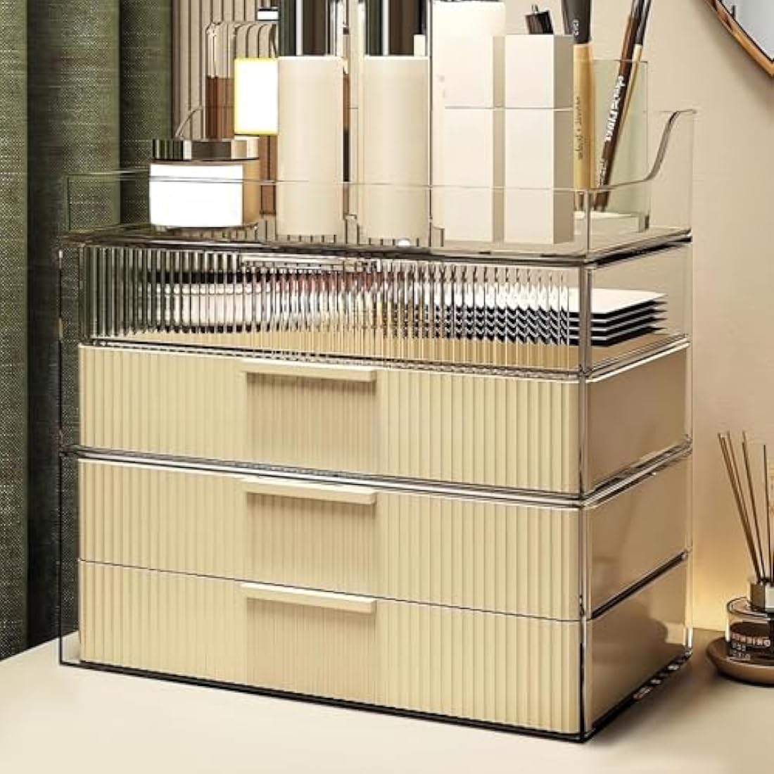 DASITON Cream Dustproof Four layers Storage Box,Makeup Brush Holder,Large Capacity Desktop Storage Box with Drawer,for Beauty Products,Perfume,Jewelry,Nail Polish