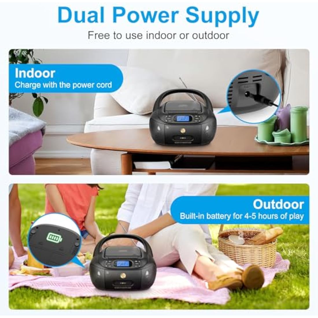 Hernido Portable Boombox with CD Cassette Player Combo, FM Radio, Rechargeable CD/Tape Player, Built-in Stereo Speakers Super Bass, Audio for Home Support AUX-In, USB Playback, Headphone Jack Output