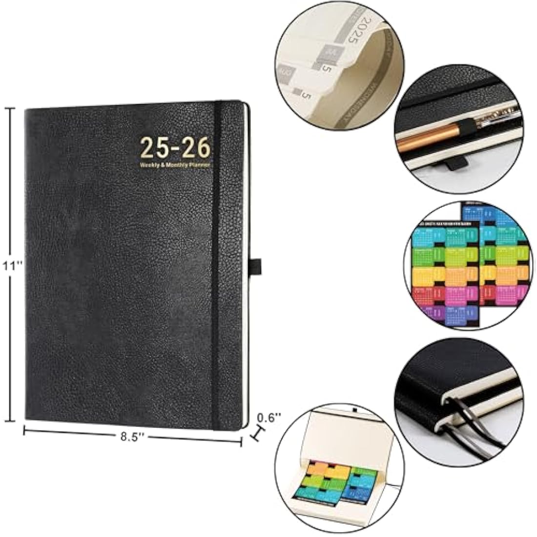Academic Diary 2025-2026 – A4 Diary Week to View from July 2025 to June 2026 with Stickers, Leather Cover, Thick Paper, Inner Pocket, Black
