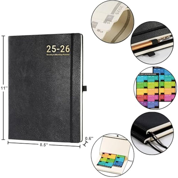Academic Diary 2025-2026 – A4 Diary Week to View from July 2025 to June 2026 with Stickers, Leather Cover, Thick Paper, Inner Pocket, Black