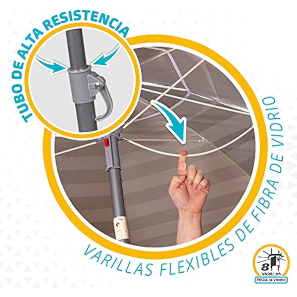 AKTIVE 62225 Beach Umbrella 220 cm Windproof Sun Shade Roof Ventilation Pole 28-32 mm UV 50 Protection Marine Stripe Design Includes Storage Bag