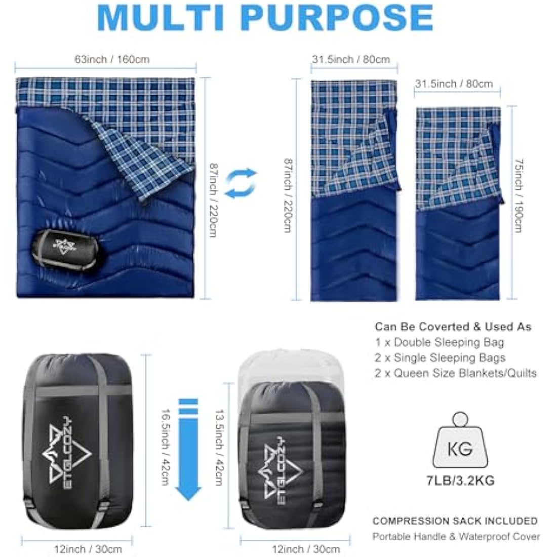 ETGLCOZY Double Sleeping Bag for Adults Camping, XL Queen Size 2 Person Cotton Flannel Sleeping Bags for All Season Hiking Backpacking, Lightweight Waterproof for Cold Weather & Warm