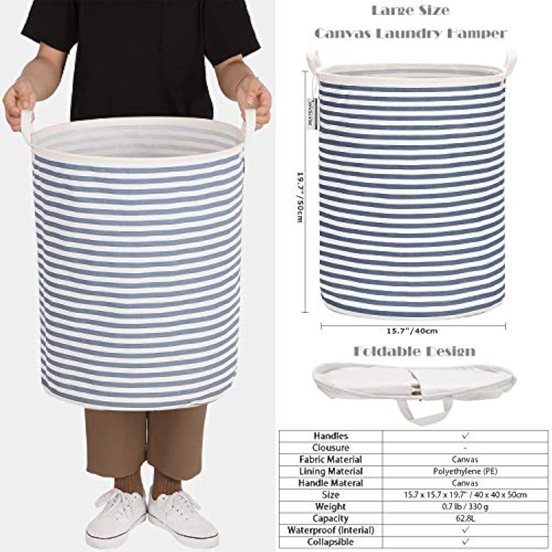 Sea Team 19.7 Inch Large Sized Waterproof Coating Ramie Cotton Fabric Folding Laundry Hamper Bucket Cylindric Burlap Canvas Storage Basket with Stylish Blue Stripe Design
