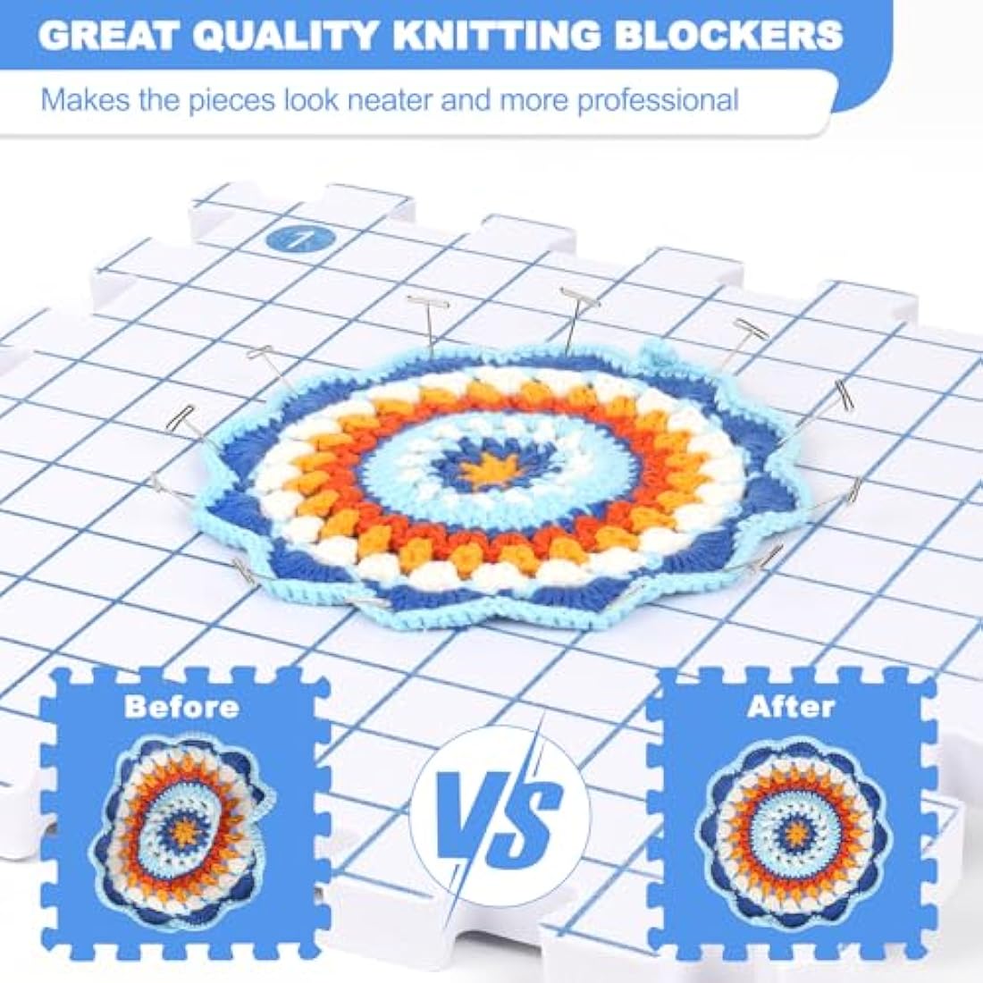 Aeelike Blocking Mats for Knitting, Crochet & Craft - 9 Pack Interlocking Foam Crochet Blocking Mats with Grid, 200 T-Pins, Pin Cushion & Storage Bag - Large Knitting Blocking Board and Pins Set