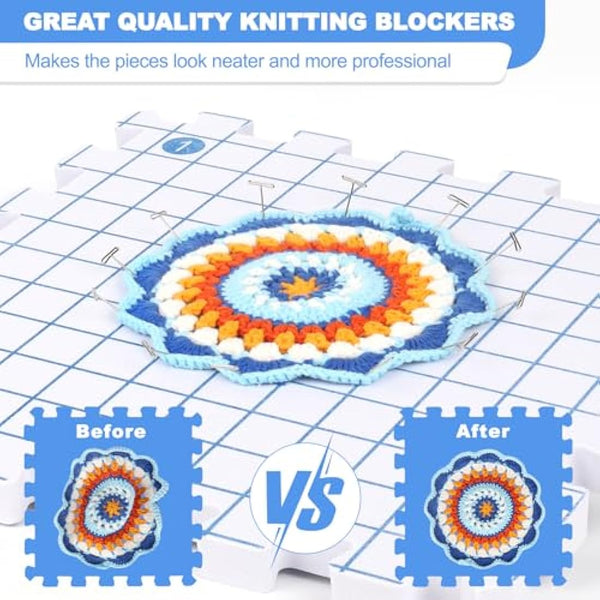 Aeelike Blocking Mats for Knitting, Crochet & Craft - 9 Pack Interlocking Foam Crochet Blocking Mats with Grid, 200 T-Pins, Pin Cushion & Storage Bag - Large Knitting Blocking Board and Pins Set