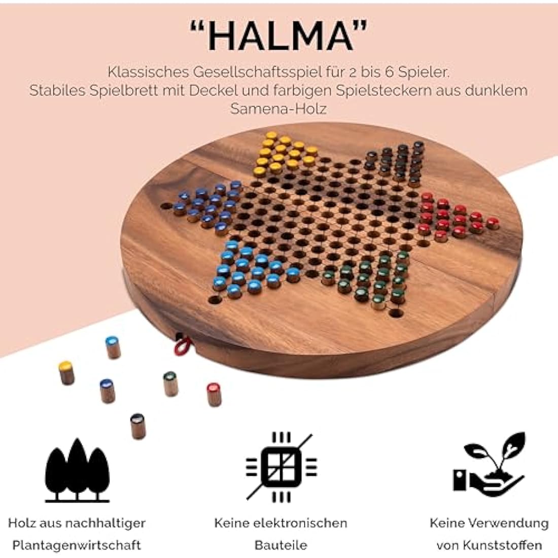 Halma Gr. XL - Stern Halma - Chinese Checkers - Strategiespiel - Gesellschaftsspiel aus Holz mit rundem, klappbarem Spielbrett