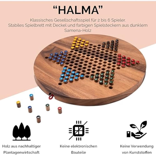 Halma Gr. XL - Stern Halma - Chinese Checkers - Strategiespiel - Gesellschaftsspiel aus Holz mit rundem, klappbarem Spielbrett