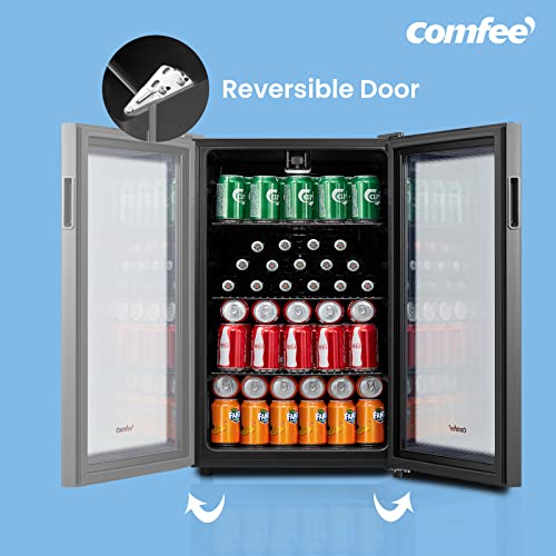 COMFEE' RCZ99BG2(E) Under Counter Beer & Drinks Fridge-93L Capacity,Holds up to 115 Cans, Premium Temperature Performance (2℃ to 15℃), Full Length Low-E Glass, Removable Shelves, LED Light, Low Noise