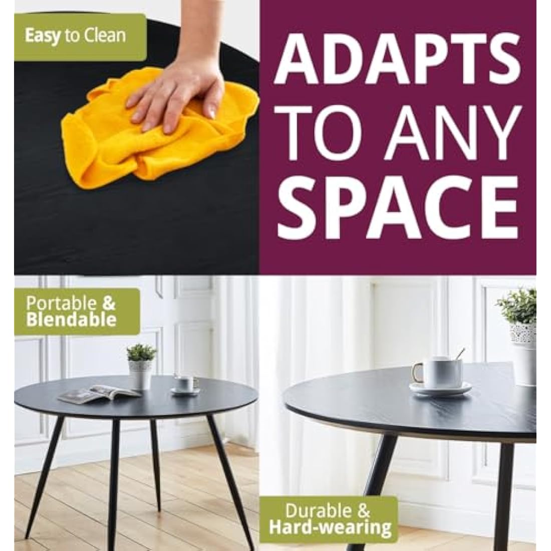 Hallowood Furniture Cullompton Large Black Dining Table with Black Metal Legs, Wooden Effect Top 4-6 Seater Round Table for Dining Rooms, Kitchens, or Cafés