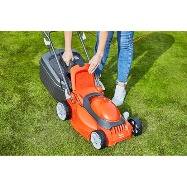 Flymo EasiStore 340R Electric Rotary Lawn Mower - 34 cm Cutting Width, 35 Litre Grass Box, Close Edge Cutting, Rear Roller, Central Height Adjust , Space Saving Storage Features