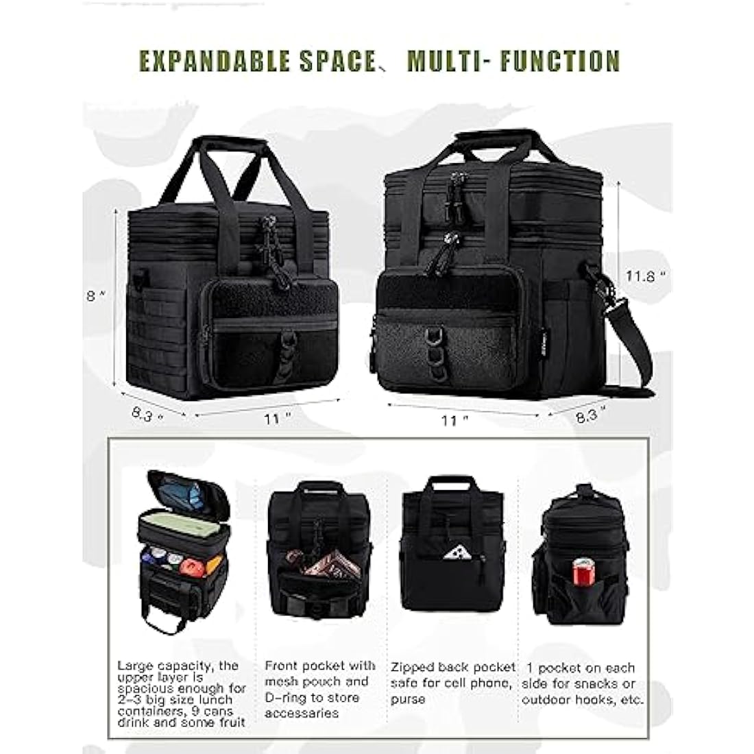 JOYHILL Tactical Lunch Box for Men, Double Deck Expandable Insulated Lunch Bag, Large Durable Thermal and Cooler Bag for Adult, Modern Leakproof Bag for Adult Work, Camping, Picnic, Black