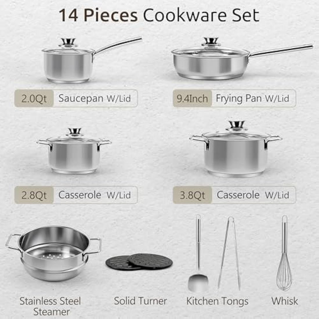 14-Piece Stainless Steel Pots and Pans Set, Induction Saucepan Set, Saucepan with Steamer & Glass Lids & Utensil Set, Bread Clip, Egg Beaters, Hot Pads, Spatulas, Suitable for All Stoves