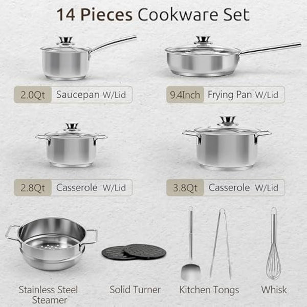 14-Piece Stainless Steel Pots and Pans Set, Induction Saucepan Set, Saucepan with Steamer & Glass Lids & Utensil Set, Bread Clip, Egg Beaters, Hot Pads, Spatulas, Suitable for All Stoves