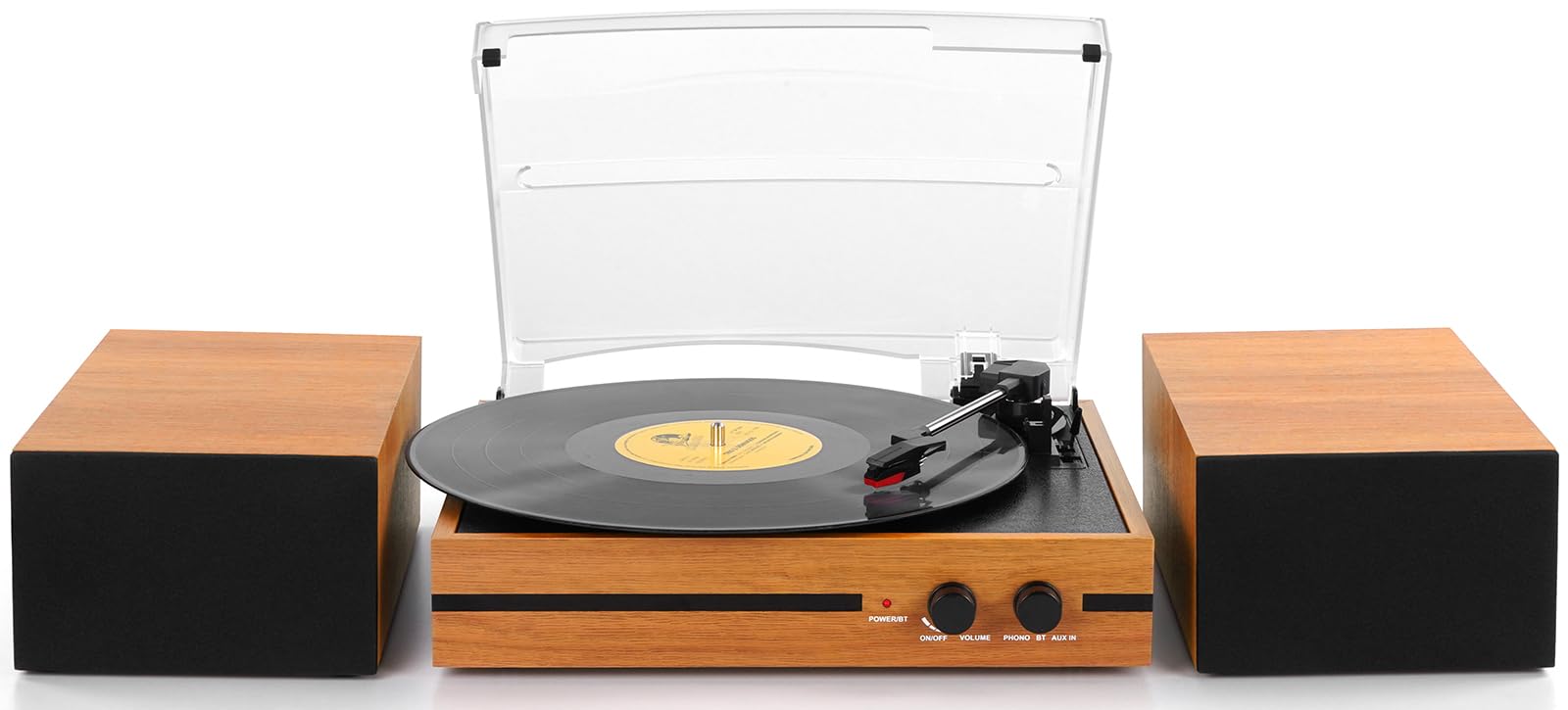 Retro Vinyl Record Player Bluetooth Desktop Phonograph Belt-Drive Turntable with External Speakers,Dual Stereo Speakers LP Players AUX Headphone Input RCA Out, 3 Speeds 3 Sizes Wood Brown