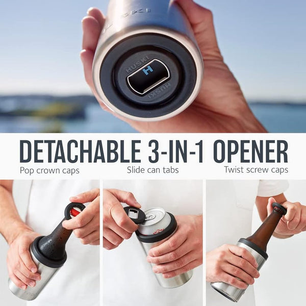 Huski Beer Cooler 2.0 | New | Premium Can and Bottle Holder | Triple Insulated Marine Grade Stainless Steel | Detachable 3-in-1 Opener | Works as a Tumbler | Best Gifts for Beer Lovers (Black)