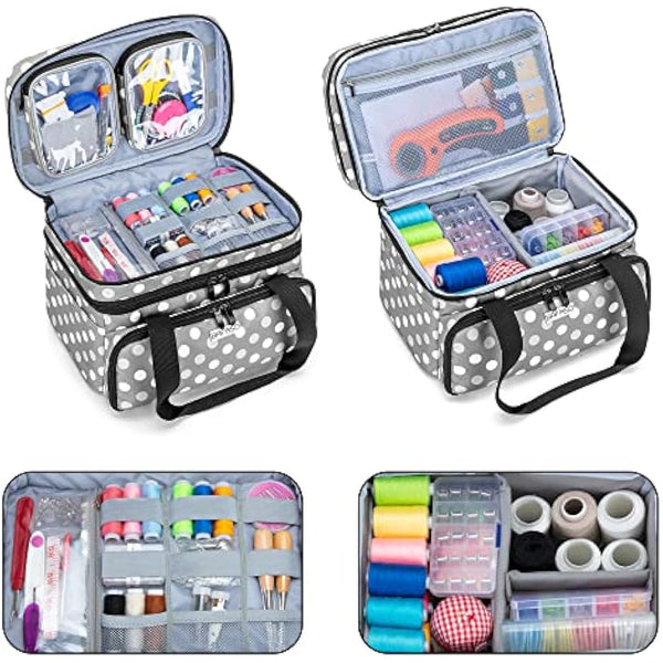 BAFASO Double Layer Sewing Accessories Organiser with 2 Detachable Pouches, Large Sewing Storage Bag for Sewing Tools, Polka Dots