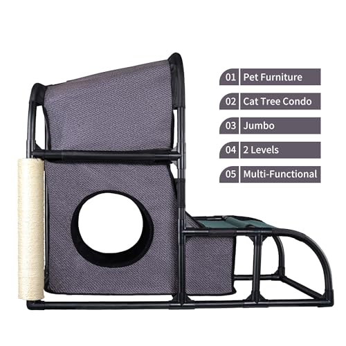 Goetland Modern Cat Tree House Condo Pet Furniture Large Cat Tower Bed Scratching Post Climber Peek Holes Dangling Toy