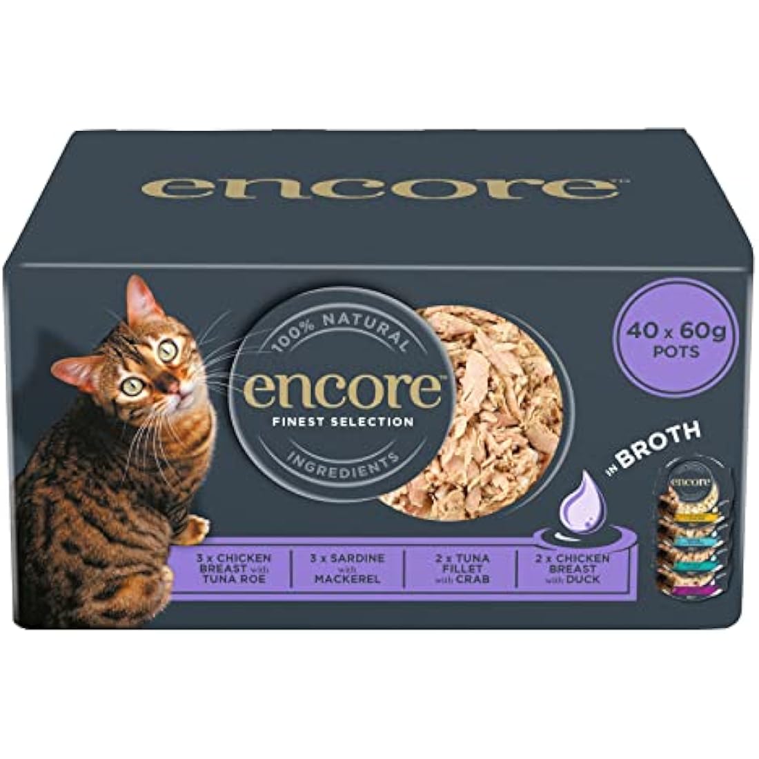 Encore 100% Natural Wet Cat Food Pot, Multipack Fish and Chicken Selection in Broth 60g Pot (Pack of 40)