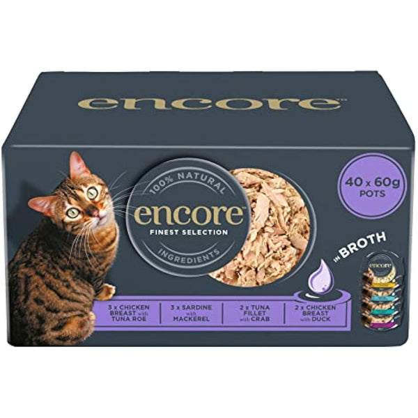 Encore 100% Natural Wet Cat Food Pot, Multipack Fish and Chicken Selection in Broth 60g Pot (Pack of 40)