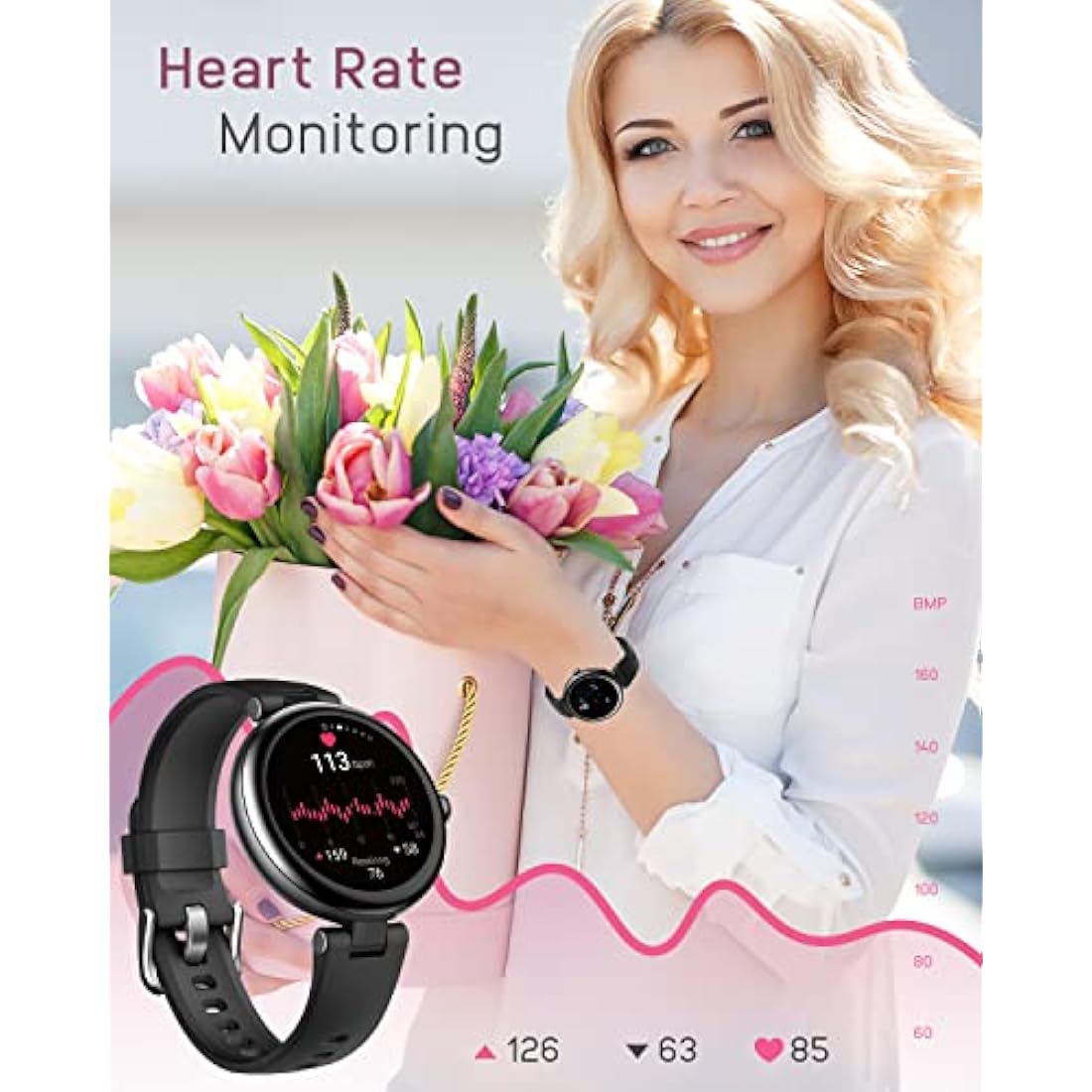 SHANG WING Lynn Smartwatches for Women,1.1inch Display Screen Fitness Watch for Women,Small Stylish Smart Watch with Pedometer Sleep Monitor SpO2-Monitor Heart Rate Fitness Watch for Android iOS