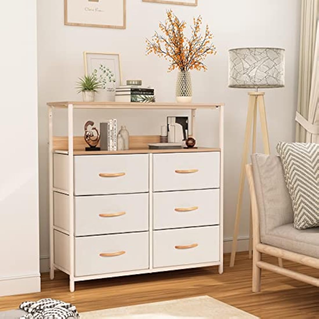 LYNCOHOME Chest of Drawers, Fabric Storage Drawers, 6 Drawers Storage Unit with Sturdy Steel Frame and Wood Top, for Bedroom, Sitting room, Closet. (Beige)