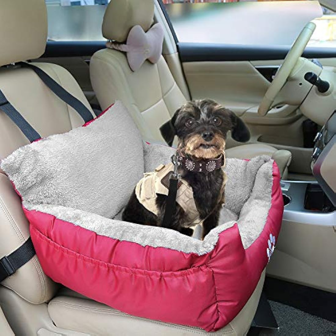 GoFirst Dog or Cat Booster Seat - Travel Car Bed with Storage Pocket, Clip-On Safety Leash, Waterproof Warm Plush, Red