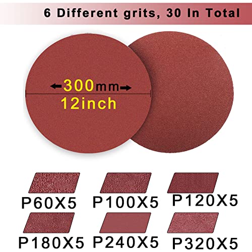 FEIHU 303 mm Sanding Discs,12 Inch Hook and Loop Discs，Grit 5XP60/100/120/180/240/320, 12 inch sandpaper for velcro disc sanders Pack of 30